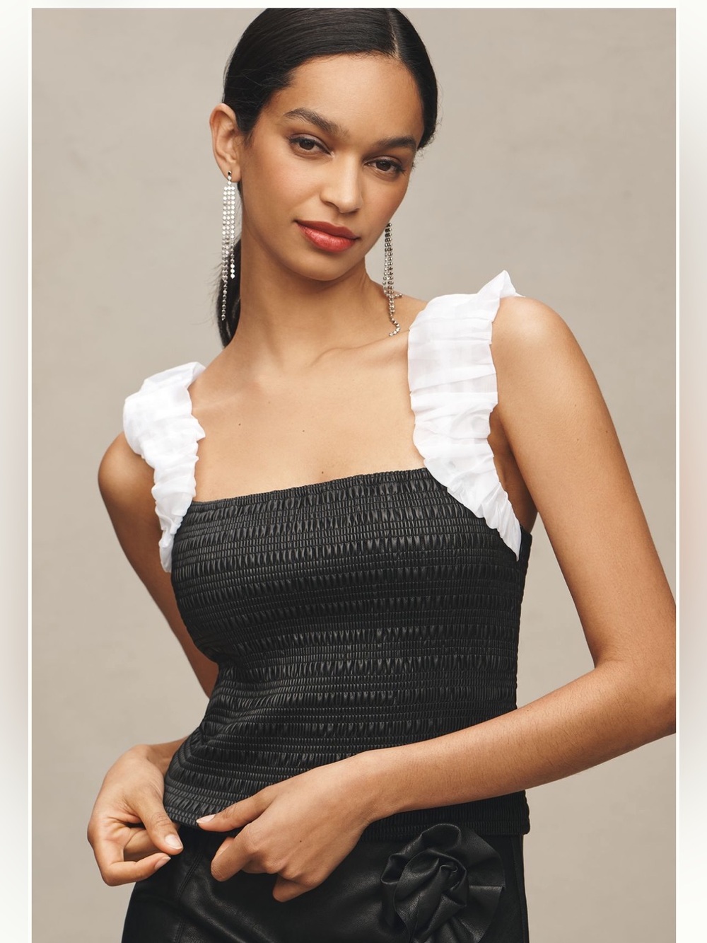 Anthropologie Maeve Faux leather Scrunched Black Smocked Top w/ Ruffle Straps